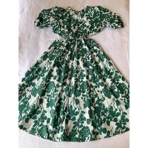 Green White Floral Garden Midi Wrap Dress Puff Sleeves Shea McGee Inspired SZ XL